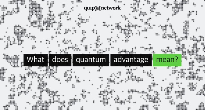 A graphic featuring the 'qunp network' logo with the highlighted text question 'What does quantum advantage mean?' over a pixelated background.