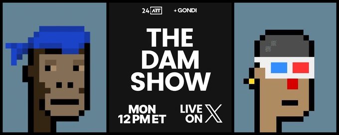 A promotional graphic for "The Dam Show" airing Monday at 12 PM ET live on X, featuring pixel art portraits of two faces flanking the central text. The "coulda been us" caption suggests this was a missed opportunity featuring the personalities depicted in the artwork.