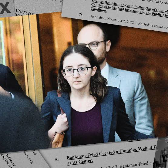 A woman with glasses and a dark blazer walks alongside a man in a gray suit, surrounded by newspaper headlines referencing "Bankman-Fried" and a "Complex Web" from November 2022, visually evoking the FTX collapse context described below.