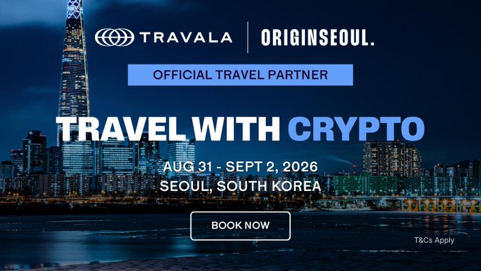 A promotional banner for 'TRAVALA | ORIGINSEOUL' announcing an official travel partnership event titled 'TRAVEL WITH CRYPTO' scheduled for August 31 – September 2, 2026 in Seoul, South Korea, set against a nighttime cityscape.