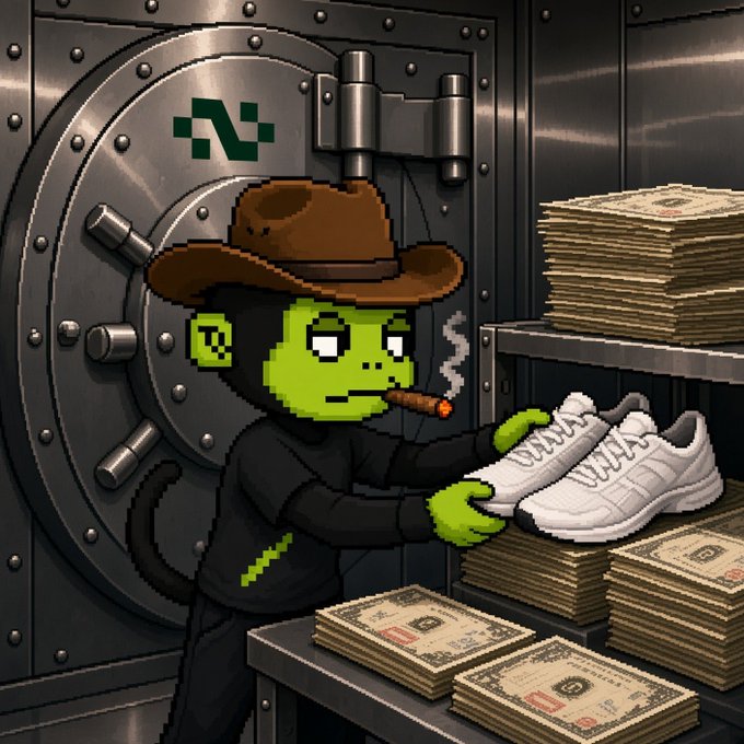 A pixel-art monkey in a cowboy hat smoking a cigar exchanges sneakers for stacks of cash in front of a massive vault marked with a green ticker symbol, visually representing the post's message of Nike ($NKE) treasury purchases and onchain wealth-building at treasury.monkeyhood.club.