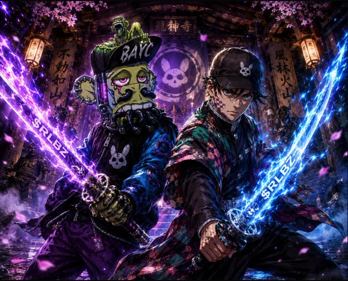 An anime-style illustration featuring two characters, one with a gas mask and the other wielding glowing swords, with text '$RLBZ' visible on the blades and a Japanese temple setting in the background.