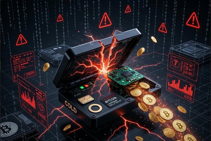 A dramatic digital illustration of a cracked black hardware wallet with red glowing lightning and warning triangles. Gold Bitcoin coins spill out from the breach onto a dark grid with floating data screens.