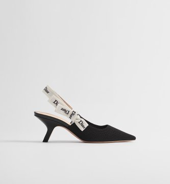 A black Dior slingback heel featuring a pointed toe, kitten heel, and signature white Christian Dior ribbon straps with 'Dior' branding.