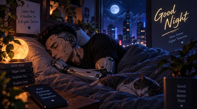 Digital illustration of a cybernetic person sleeping in bed at night wearing headphones, with a cat beside them, cityscape view through the window, and motivational notes like 'Good Night', 'Better Sleep', and 'Bigger Goals'.