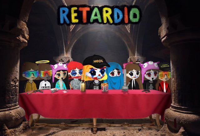 An image parodying 'The Last Supper' featuring cartoon characters styled after the RETARDIO meme coin gathered around a red table with the 'RETARDIO' logo above them.