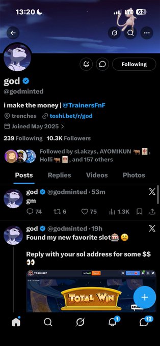 Mobile screenshot of an X/Twitter profile for 'god' (@godmintted) showing posts including 'gm', 'Found my new favorite slot', and a promotion to reply with SOL address for money.