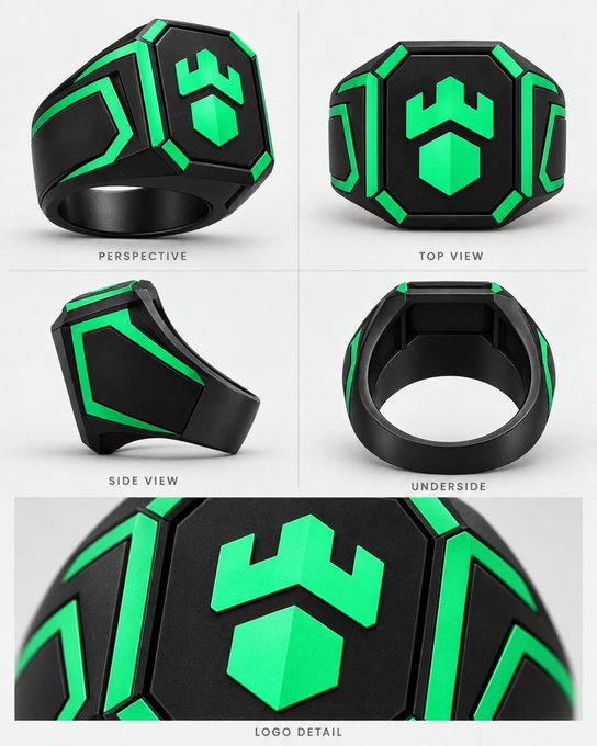 A 3D-printed black and green signet ring featuring a geometric crown-like logo is displayed from multiple angles (Perspective, Top View, Side View, Underside) with a close-up Logo Detail, serving as a prototype accessory piece for the upcoming full Gamdom costume.