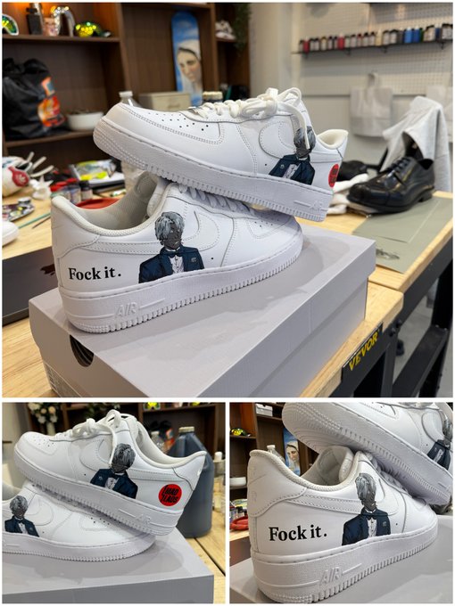 Custom white Nike Air Force 1 sneakers featuring a painted illustration of a suited figure with a horse head and the text 'Fock it.' on the side.