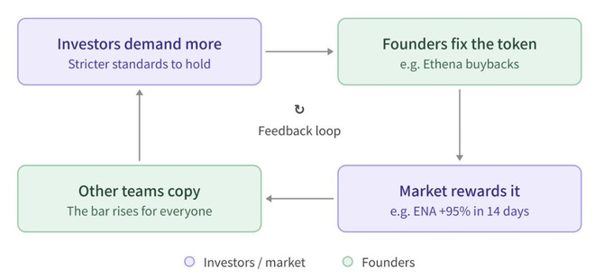 A flowchart illustrating a positive feedback loop where investors demanding stricter standards leads founders to fix the token (e.g., Ethena buybacks), which the market rewards (e.g., ENA +95% in 14 days), causing other teams to copy and raise the bar.