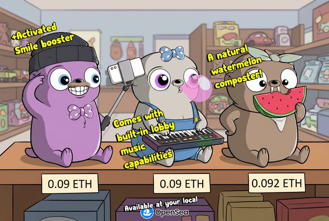 A colorful cartoon advertisement for three NFT characters—a purple smile booster, a panda with a built-in music player, and a brown watermelon composter—all priced at 0.09-0.092 ETH and available on OpenSea.