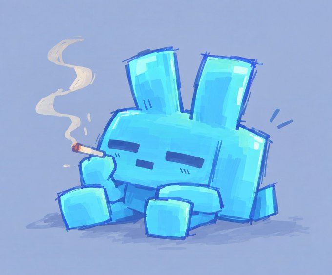 A digital illustration of a blue, blocky character with tall ears smoking a lit cigarette against a plain blue background.