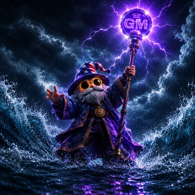 A wizard with a white beard and stars-and-stripes wizard hat stands amidst crashing ocean waves holding a staff topped with a glowing purple 'GM' orb under a stormy sky with lightning.