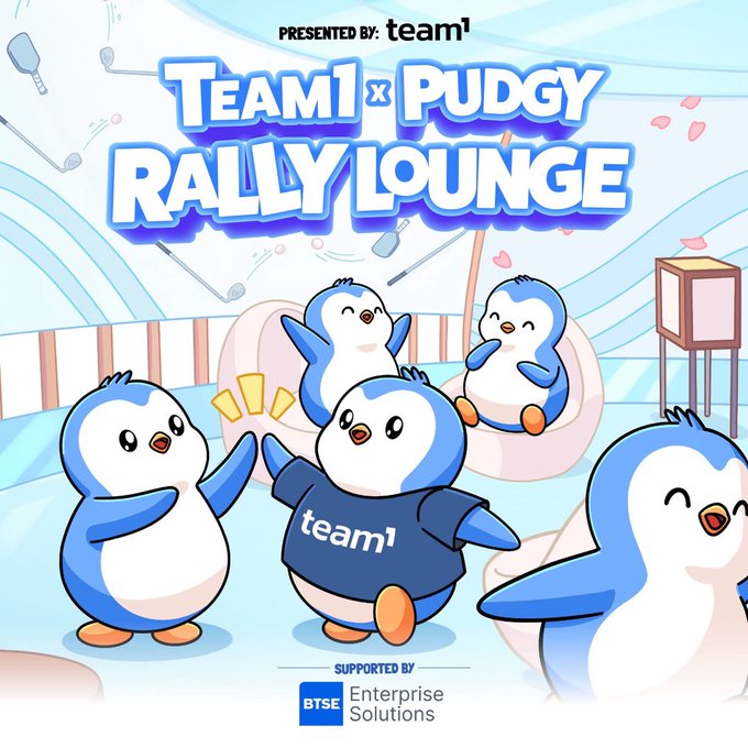 An event poster for 'TEAM1 x PUDGY RALLY LOUNGE,' presented by team1 and supported by BTSE Enterprise Solutions, featuring cartoon blue penguins in a lounge setting.