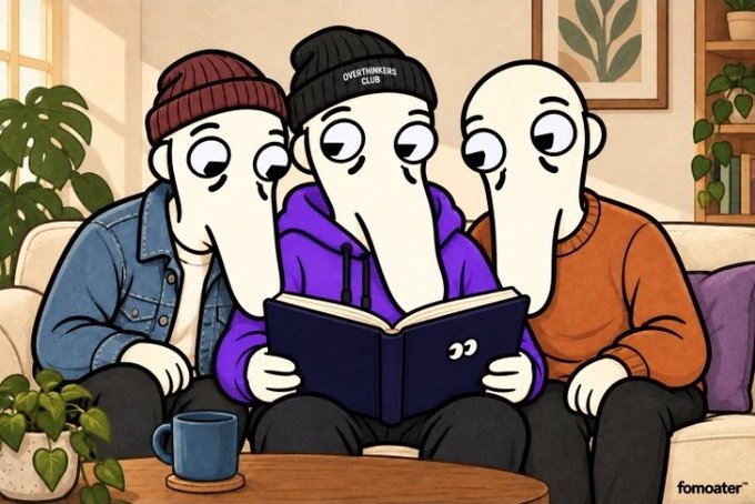 A cartoon illustration of three pale, teardrop-headed characters sitting on a couch reading a book together; the middle one wears a black beanie labeled 'OVERTINKERS CLUB' and the image is credited to 'formoater'.