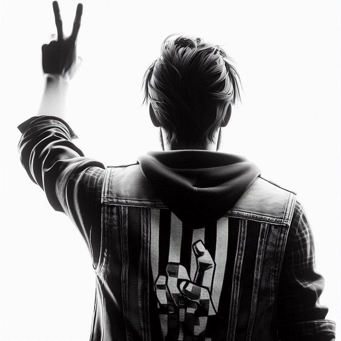 A black and white illustration of a person from behind with a peace sign raised, wearing a hooded jacket with a skull graphic on the back.
