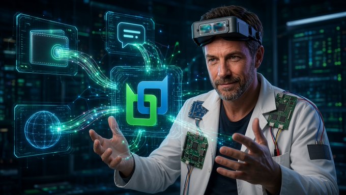 An AI-generated image of a man wearing a white lab coat and AR/VR headset, gesturing with his hands toward floating holographic icons including a chat bubble, a shield, a globe, and a green interlocking logo.