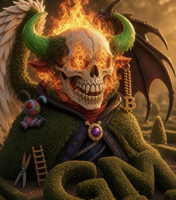 A fantasy illustration of a horned, flaming skull with bat-like wings emerging from a mossy surface, wearing a Bitcoin pendant and surrounded by objects like a voodoo doll, ladder, and scissors.
