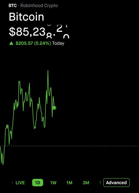 A Robinhood Crypto app screenshot displaying the Bitcoin (BTC) price at $85,23x with a 0.24% daily increase and a 1D price chart.