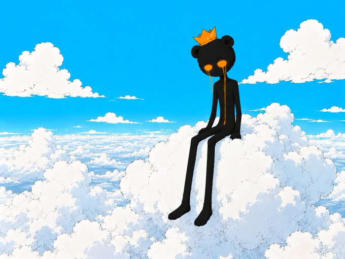 A surreal artwork of a black figure with bear ears wearing a crown sitting on a fluffy white cloud in a blue sky, with orange liquid dripping from its eyes.