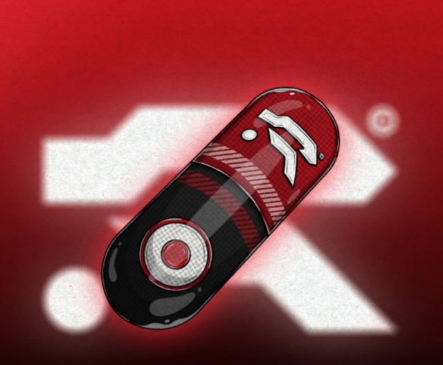 Stylized illustration of a red and black gaming mouse or electronic device with a DJ-style logo, set against a red background with a faded white cross or X symbol.