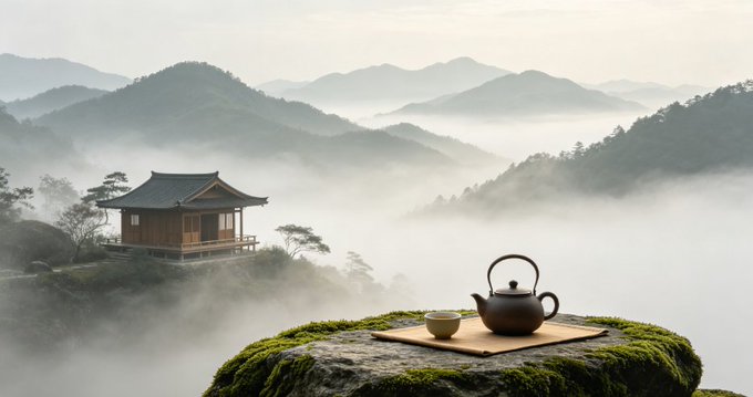 A serene mountain landscape with a traditional wooden pavilion and a tea set arranged on a mossy rock overlooking a misty valley.