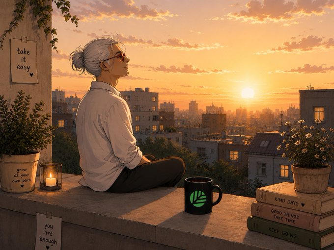 An anime-style illustration of an elderly woman with white hair sitting on a balcony at sunset, surrounded by potted plants, books titled 'KIND DAYS', 'GOOD THINGS TAKE TIME', and 'KEEP GOING', and a mug with a green logo.