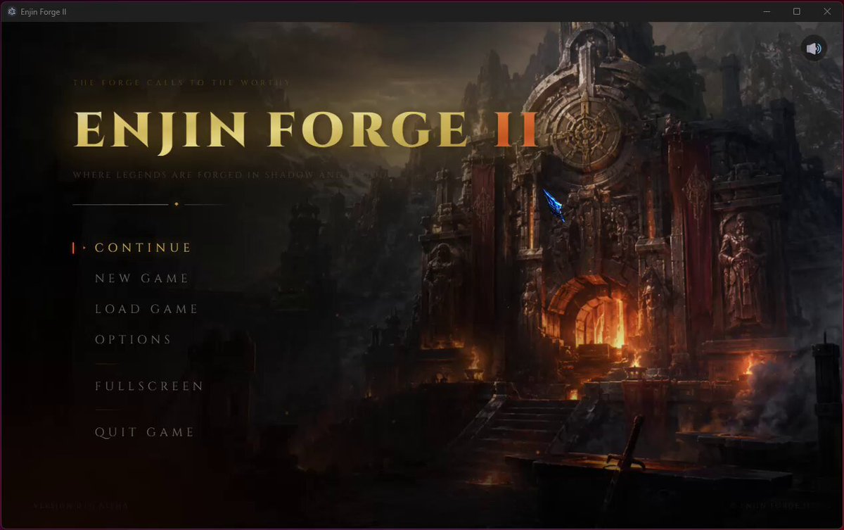 The image shows a screenshot of an online gaming website featuring the title "Enjin Forge II" displayed at the top center with dark blue and yellow colors. Below this, there are multiple options such as "Continue", "New Game", "Restart", "Exit", and "Quit Game". The game appears to be a dark fantasy idle RPG called Enjin Forge that is currently in its early stages of development and released on Steam. It seems like a new release from the gaming community, possibly catering to those who played it before at enjinforge.com or similar platforms, with an emphasis on exploration and possibilities for further expansion and content.
