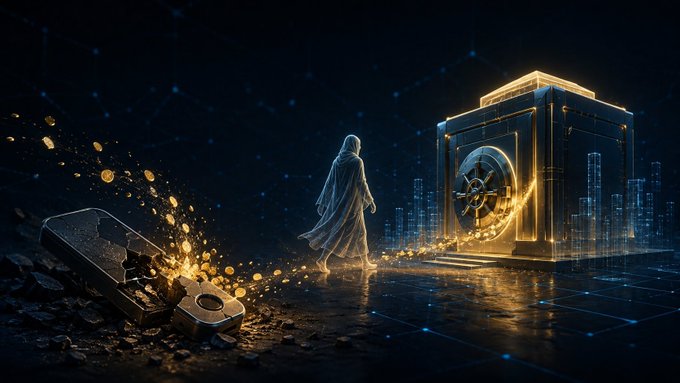 A digital artwork depicting a hooded figure walking toward a glowing golden safe/vault while coins burst from a shattered laptop, set against a dark background with city lights.