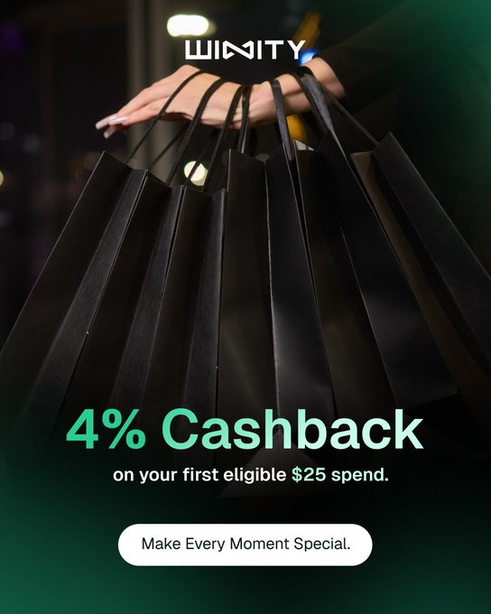 A promotional advertisement for Winity displaying a hand holding multiple black shopping bags, offering '4% Cashback' on a first eligible $25 spend with the tagline 'Make Every Moment Special.'