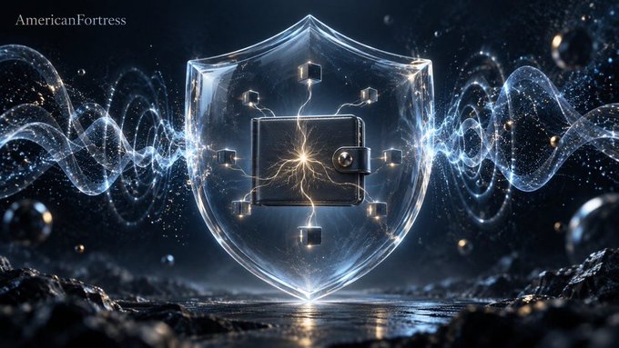 A digital illustration features a glowing shield protecting a blockchain wallet at its center, surrounded by interconnected nodes and flowing wave-like data streams, with the watermark "AmericanFortress" in the top left corner. The image visually reinforces the post's message about access diversity and resilience in privacy networks like BlackDuck ($BDX), symbolizing that true decentralization requires not just multiple nodes, but multiple independent pathways for users to reach the chain.