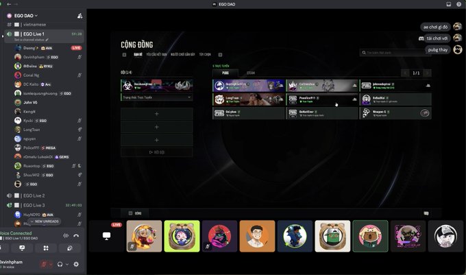 A Discord application screenshot showing a server called "EGO DAO" with a Vietnamese interface, displaying a community page with various member avatars and a live voice channel at the bottom.