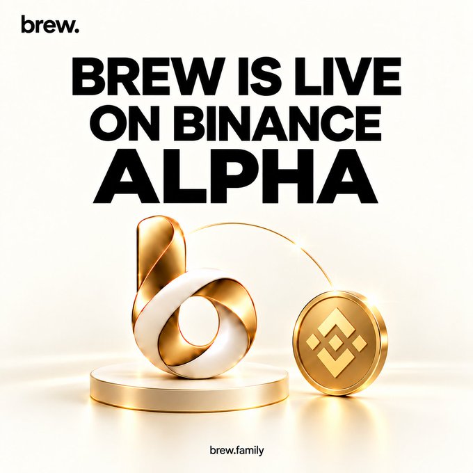 A promotional announcement featuring bold text "BREW IS LIVE ON BINANCE ALPHA" alongside a stylized 3D rendering of gold and white abstract shapes next to a Binance-branded coin on a pedestal, celebrating the $BREW token's listing on Binance Alpha. The visual complements the milestone announcement thanking the Brew community for their support in reaching this trading platform debut.