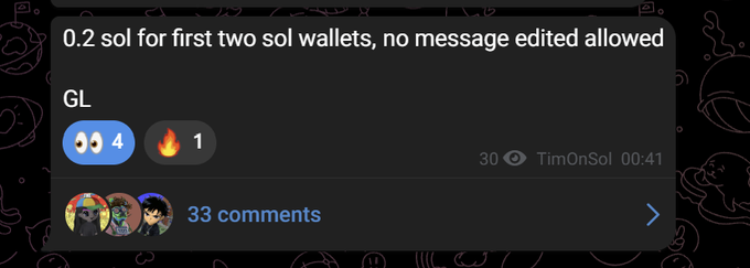 A Discord message from "TimOnSol" offering 0.2 SOL to the first two wallet commenters (no message editing allowed), which complements the post's announcement of giving away free money to active Telegram members.