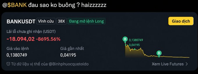 A dark-themed trading interface showing '$BANK' futures with Vietnamese text '@$BANK dau sao ko buống ? haizzzzz', displaying an unrealized profit/loss of '-18.094,02 (-8695.56%)' and a steeply declining price chart.