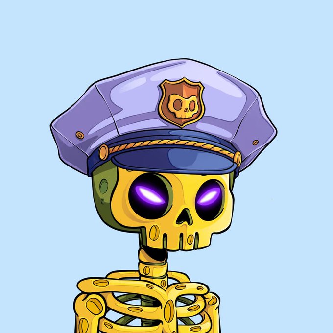 A cartoon illustration of a yellow skeleton wearing a purple police hat with a skull badge, featuring glowing purple eyes against a light blue background.