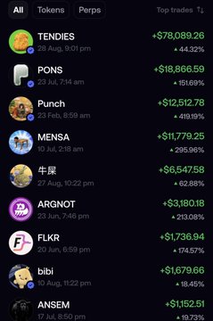 A mobile app interface displaying top trades with tokens like TENDIES (+$78,089.26), PONS (+$18,866.59), Punch (+$12,512.78), and MENSA (+$11,779.25).