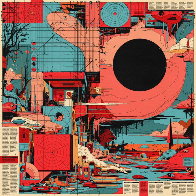 A complex, surreal illustration in red, teal, and orange tones featuring architectural structures, a large black circular void, concentric target patterns, and various small figures and text blocks.