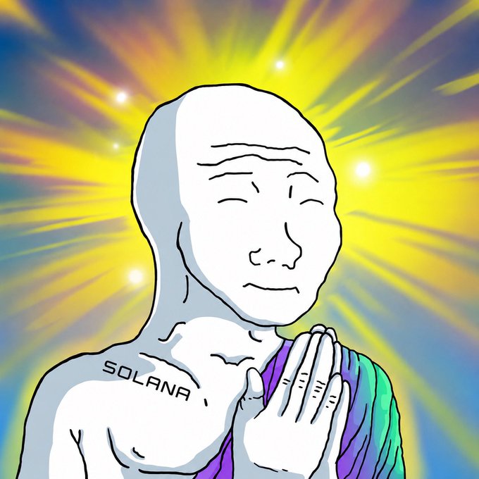 A cartoon illustration of a bald, serene figure with a 'SOLANA' tattoo on its shoulder, hands pressed together in a prayer pose against a glowing yellow and blue background.