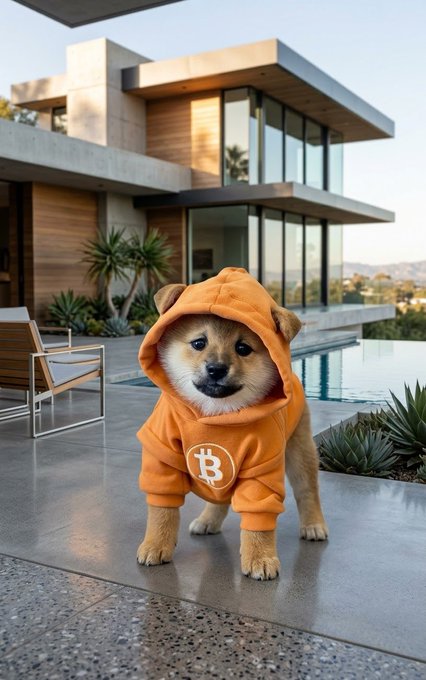 An AI-generated image of a Shiba Inu dog wearing an orange Bitcoin logo hoodie standing in front of a modern luxury home with a pool.