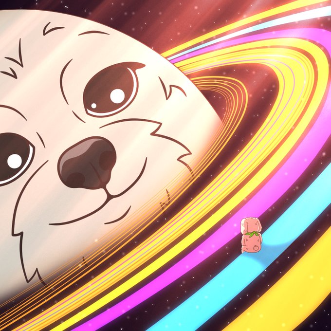 An anime-style illustration featuring a small pink creature riding a rainbow trail through space, with a giant white animal face (resembling a seal or bear) in the background.