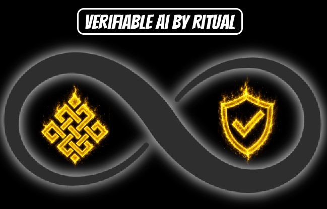 Graphic titled 'Verifiable AI by Ritual' displaying two glowing orange infinity-loop icons containing a knot symbol and a shield with a checkmark.