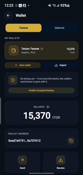 A mobile crypto wallet interface showing a 'Torium Testnet' wallet with a balance of 15,370 tTOR and wallet address 0xad7a9731...5a707612, displaying Send and Receive buttons.