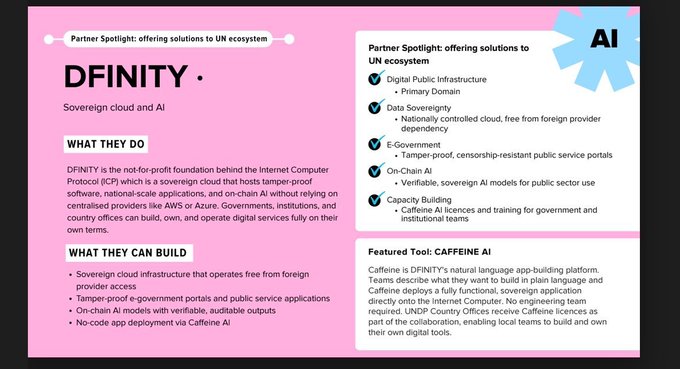 A pink-themed informational slide titled 'Partner Spotlight: offering solutions to UN ecosystem' about DFINITY (sovereign cloud and AI), highlighting Caffeine AI as a featured tool, with an 'AI' ribbon graphic.