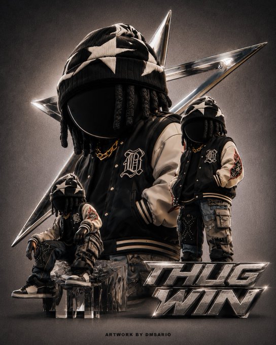 A stylized digital artwork featuring a hooded figure in a star-patterned beanie and varsity jacket, displayed in three poses against a chrome star backdrop, with bold "THUG WIN" lettering and credits "ARTWORK BY DMSARIO"—capturing the dominant, streetwear-inspired NFT identity promoted in the post.