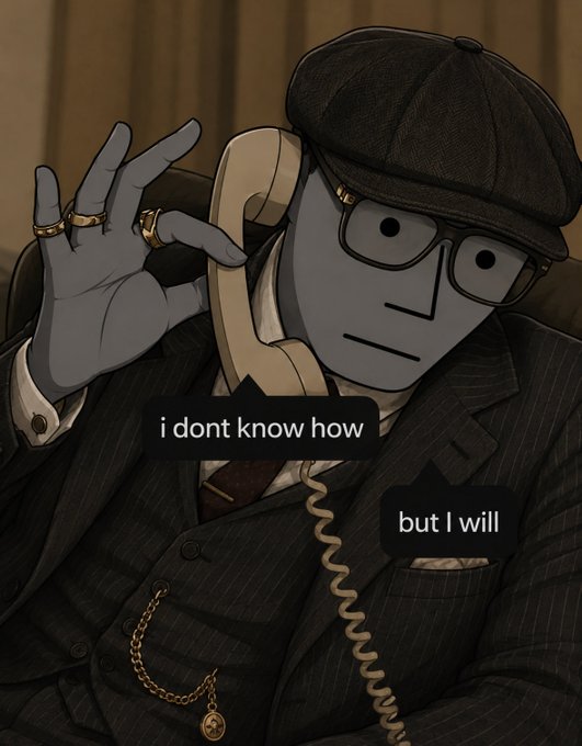 A cartoonish gray figure in a flat cap, glasses, and pinstripe suit holds a vintage phone receiver while displaying gold rings and a pocket watch chain, with speech bubbles reading "i dont know how" and "but I will" — visually echoing the post's determination to push "$NPC to one dollar" despite uncertainty.
