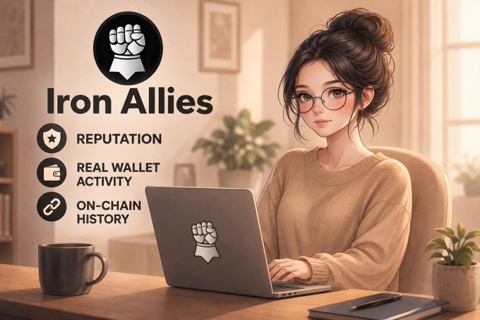 A promotional graphic for "Iron Allies" featuring an illustrated woman with glasses at a laptop, alongside icons labeled "REPUTATION," "REAL WALLET ACTIVITY," and "ON-CHAIN HISTORY."