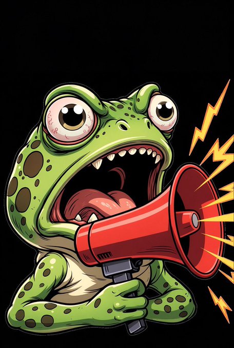 A cartoon illustration of an angry green frog with bulging eyes and an open mouth holding a red megaphone that emits yellow lightning bolts against a black background.