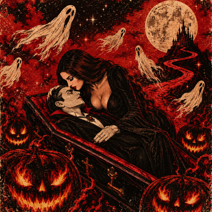 A gothic-style horror illustration depicting a vampire-like woman cradling a pale man in a coffin, surrounded by jack-o'-lanterns, floating ghosts, and a spooky castle under a red moonlit sky.