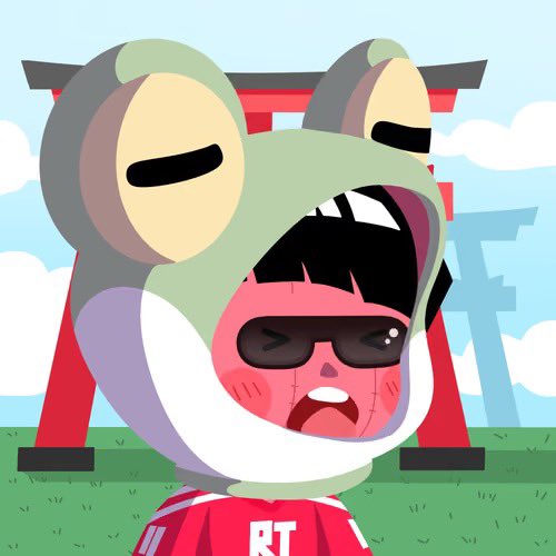 A cartoon-style avatar wears a large frog hood and a red 'RT' shirt in front of a Japanese torii gate.